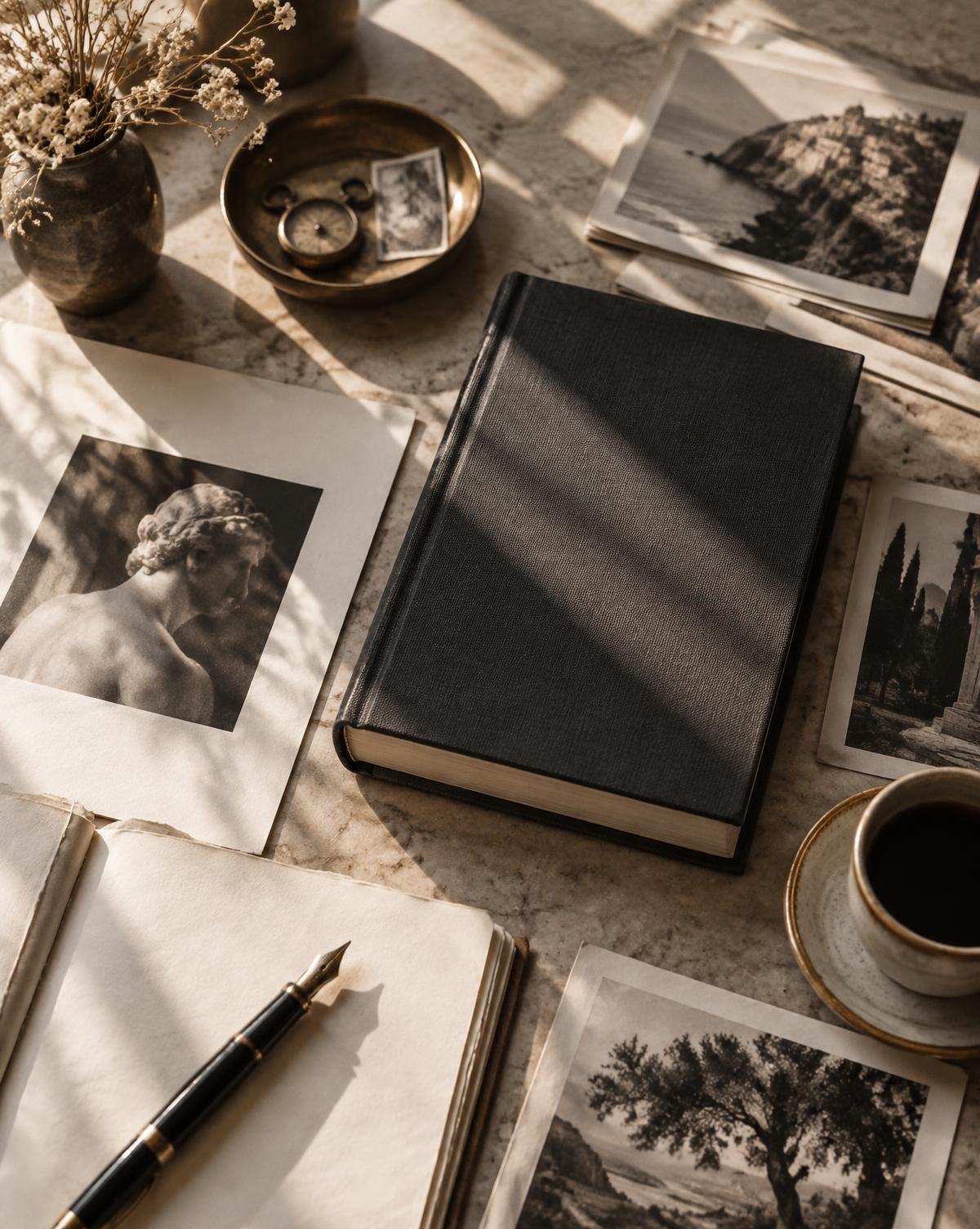 A book, manuscript, and visual references arranged for a story campaign